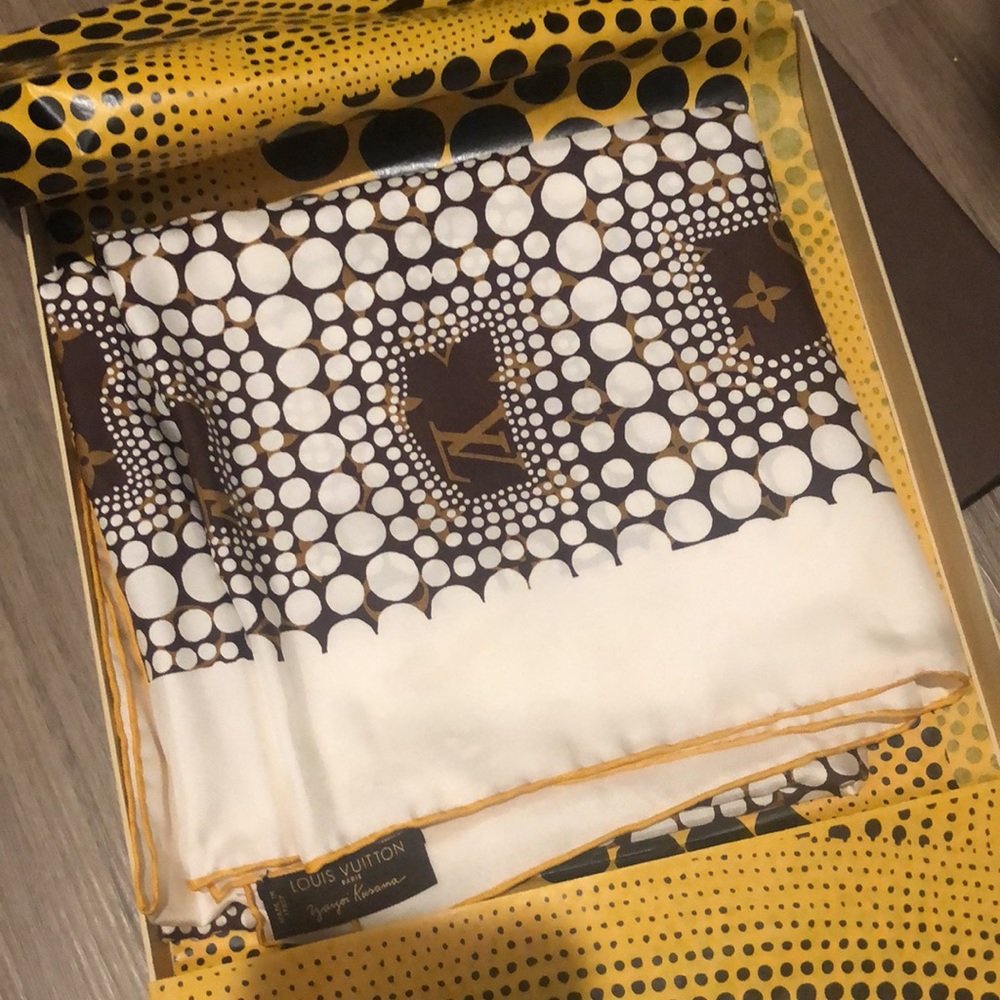 Authentic and limited edition Yayoi Kusama Louis Vuitton silk scarf.